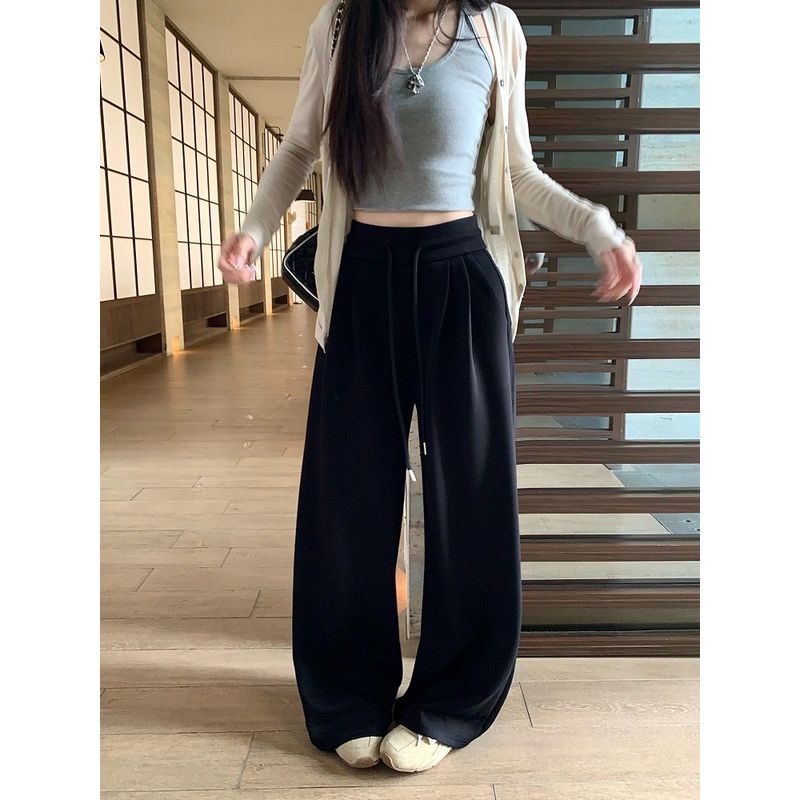 Pants Loose and Lazy Style High Waist Casual Pants Women Autumn Slimming Drooping Wide-Leg Pants Easiest for Match Black Mop Trousers