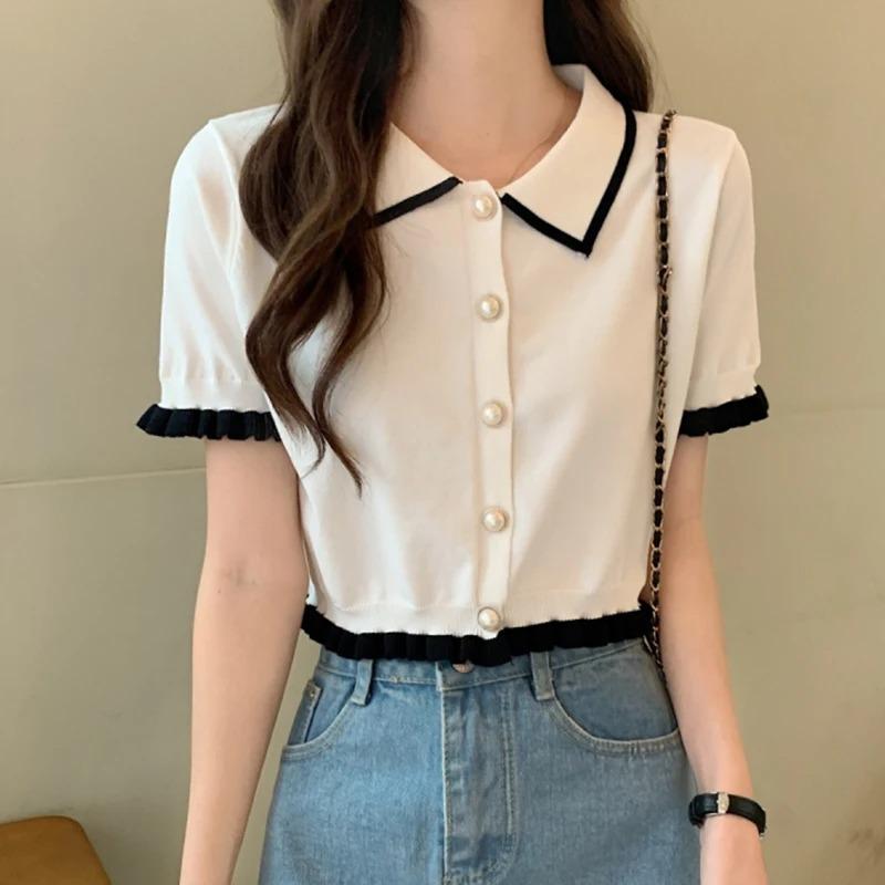 Sweet Women Shirt Korean Knitted Turn Down Collar Short Sleeve Blouse Summer Retro Slim All Match Ladies Crop S белый
