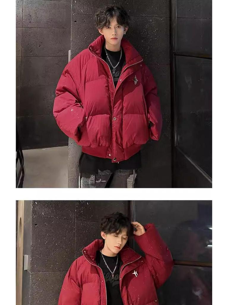 Men's Winter Black Star-Patterned Stand Collar Padded Jacket