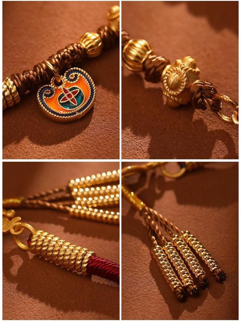 Tibetan Handmade Braided Thangka Pendant Amber Jade Tassel Necklace