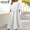 QICED Women's Loose Fit Midi Dress Double Pockets Button Decoration Round Neck Short Sleeve Summer Boho Workwear Dress