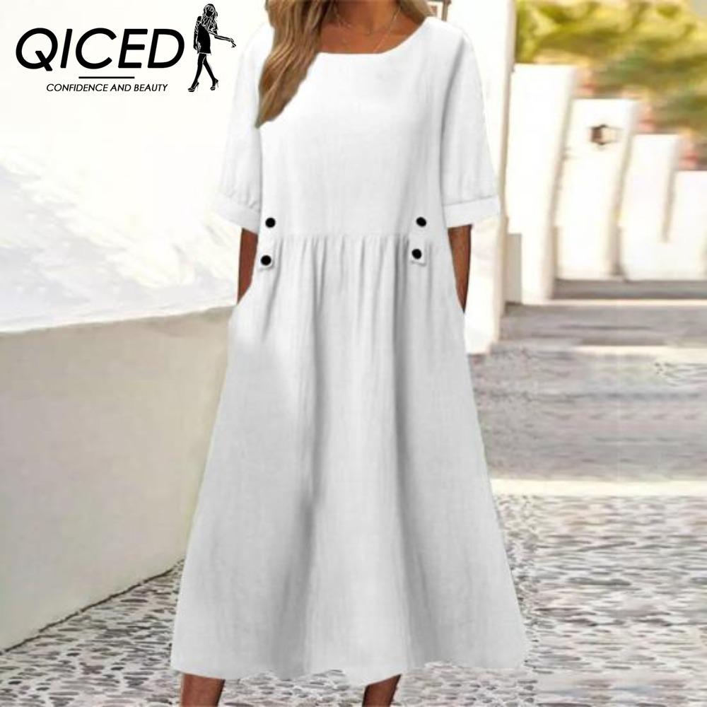 QICED Løstsittende midikjole for kvinner, doble lommer, knappedekorasjon, rund hals, kort erm, sommer boho arbeidskjole