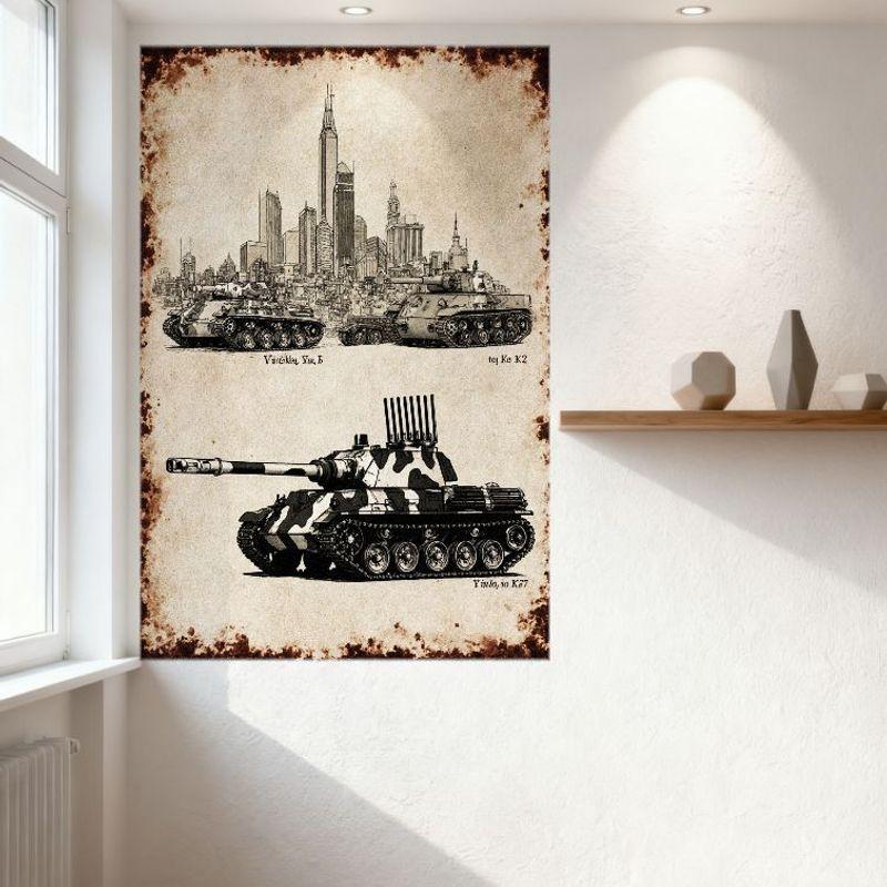 Sexy Vintage Military Tanks City Skyline Tin Sign Metal Wall Decor - WWII Style Tech Drawing for Bar Pub Home Cafe 8x12 Inch