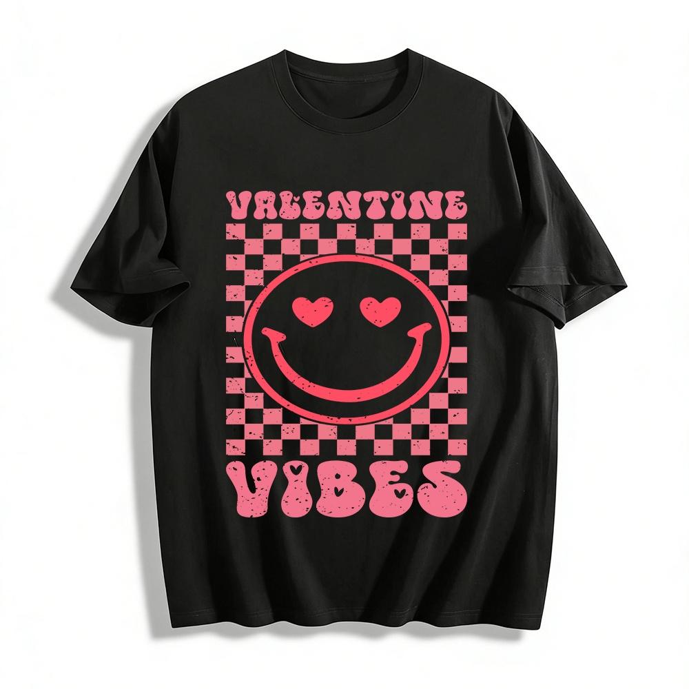 Valentine Vibes Heart Eyes Smiley Face Checkerboard Graphic Tee Pure cotton T-shirt XXS
