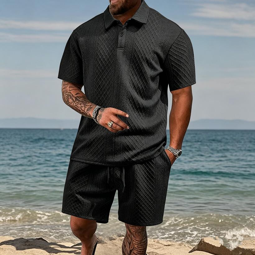 European and American Men's Summer Thin, Loose, Breathable, Casual Solid Color Jacquard Lapel Short Sleeved Polo Shirt for Men