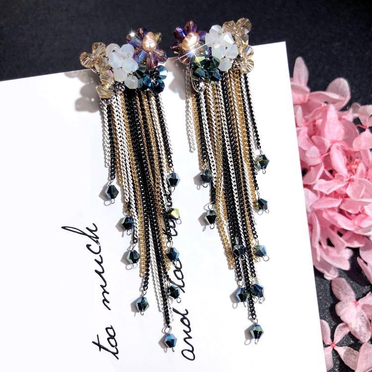 Luxury Retro Handmade Crystal Earrings Femininity Versatile Long Fringed Bride Earrings High-end Ear Jewelry