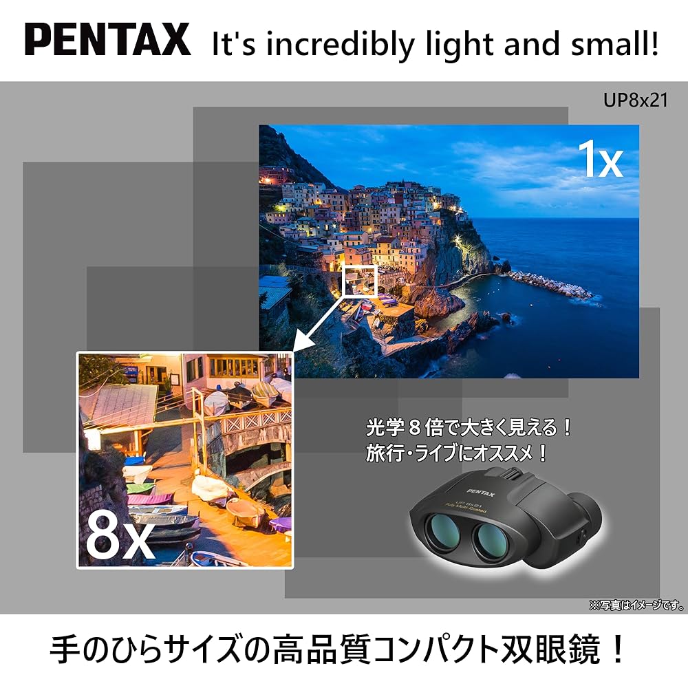 PENTAX UP 8x21 Binoculars, Black. [Birdwatching, Live Concerts, Sports Events] [3 Colors Available] [Compact and Lightweight (210g)] [8x Magnification