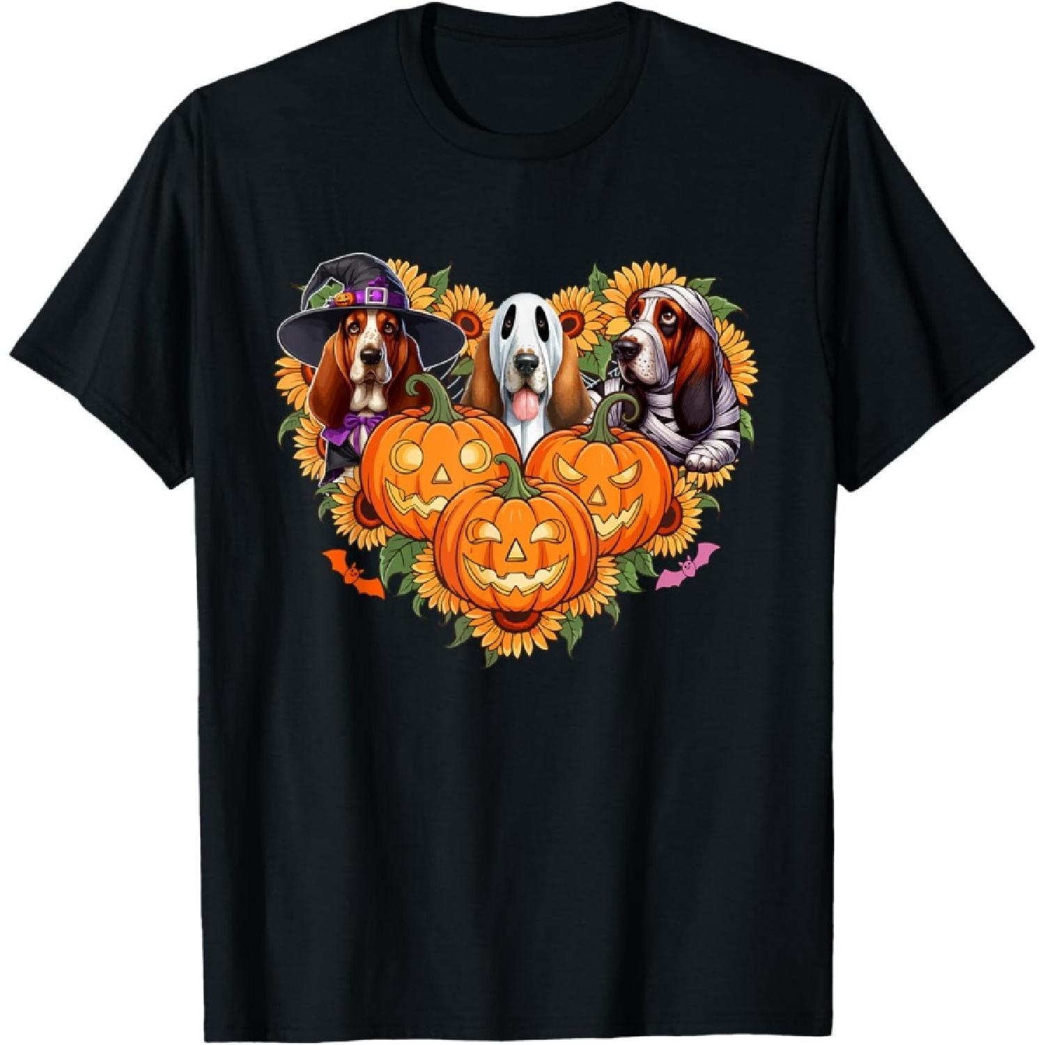 Three Halloween Basset Hounds Cosplay Witch Boo Mummy T-Shirt S