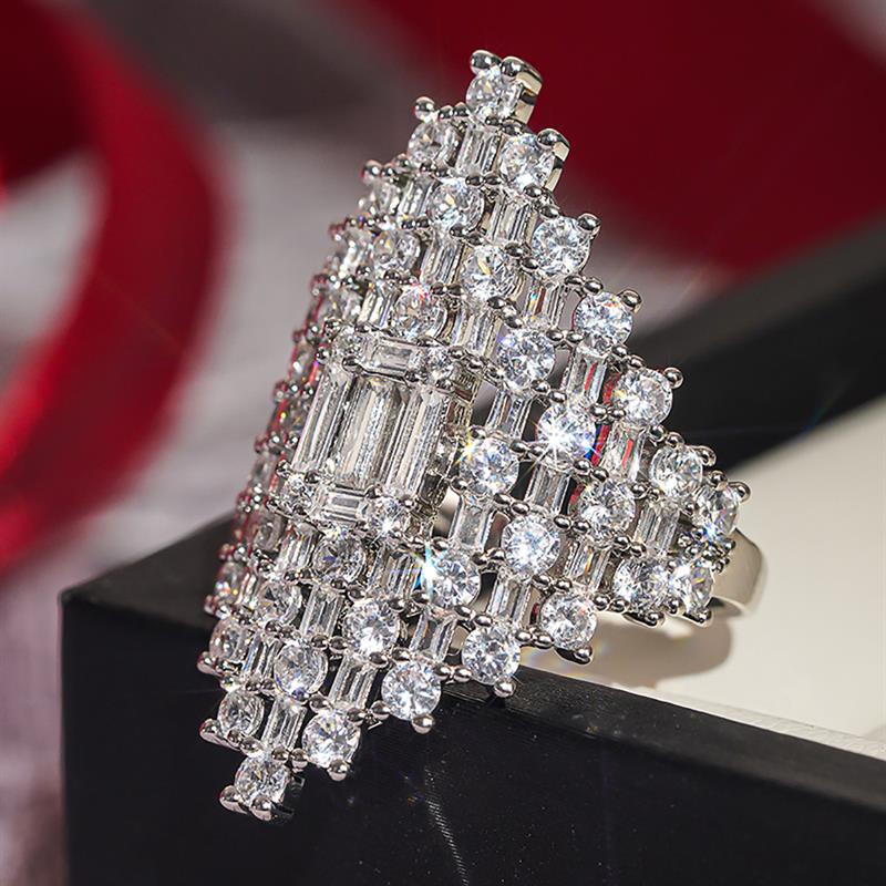 Huitan Sparkling Women Silver Color Ring Geometric Shaped Party Inlaid Shiny CZ Lady Jewelry Fashion Statement Chic AccessoriesGood Product