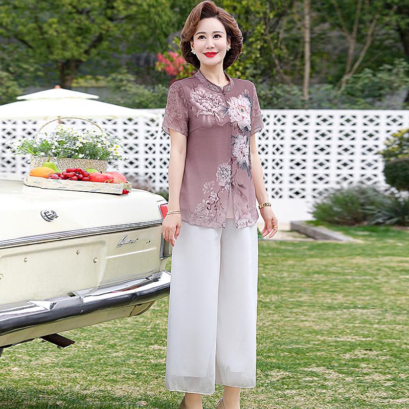 

Summer Retro Loose Xiangyunsha Shirt Suit for Middle-aged Women – Comfortable Two-piece Set Purple Top