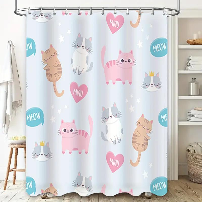 Adorable Cat Pattern Shower Curtain Set for Bathroom Decor Pink and Blue Colors Included, 72 x 84 Inch Size Perfect Fit for Bath