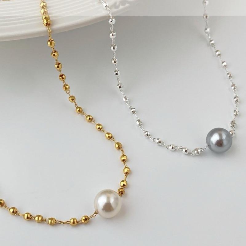 Gold Silver Beaded Pearl Pendant Necklace Set – Minimalist Dainty Jewelry for Women, Elegant Gift