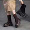 Johnature Retro Solid Color Mid-calf Boots Genuine Leather Comfortable Thick Soled Versatile Women's Shoes