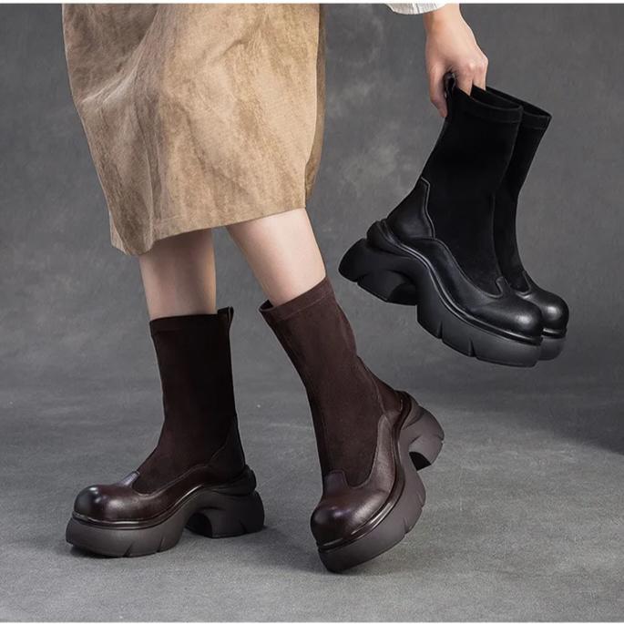 Johnature Retro Solid Color Mid-calf Boots Genuine Leather Comfortable Thick Soled Versatile Women's Shoes