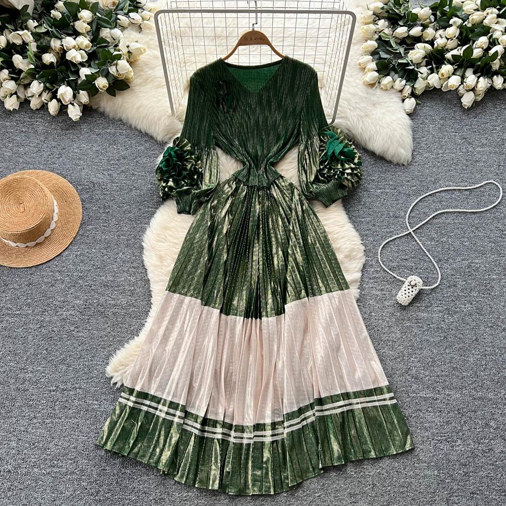 

Весна Осень Женские Роскошные Большого Размера Платья Макси С Плиссировкой, С 3D Цветами, Оверсайз, Свободного Кроя, Длинные, Для Вечеринки One Size зелёный