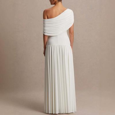 2026 Spring New European, American and Amazon Cross-border Foreign Trade Women's Slanted Shoulder Waist Dress Pleated Solid Color Casual Dress