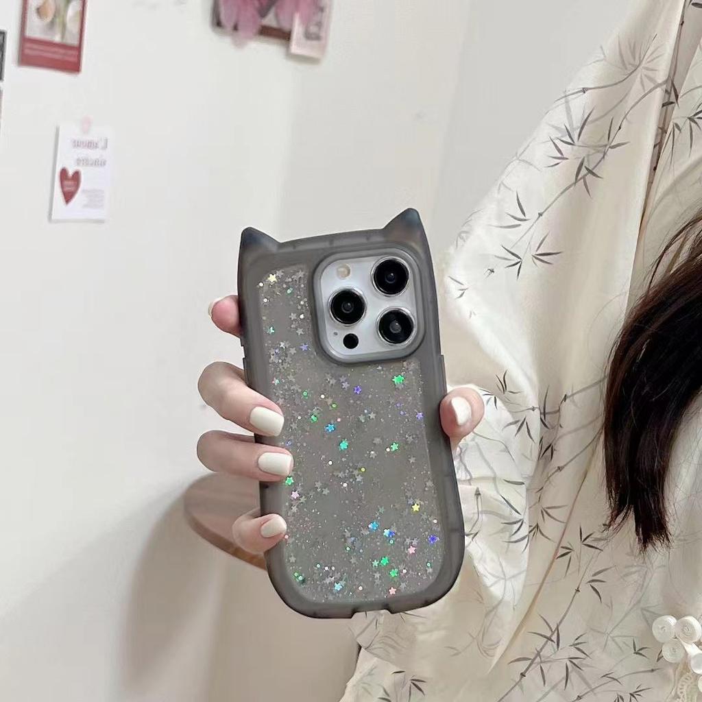 Funda Rígida Transparente con Purpurina con Parachoques Acrílico y Orejas de Gato para iPhone 15 14 13 12 11 Pro Max Plus Cubierta Trasera a Prueba de Golpes