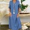 Women Half Sleeve Side Slitting Hem V-neck Loose Long Denim Dress Streetwear for Daily Life