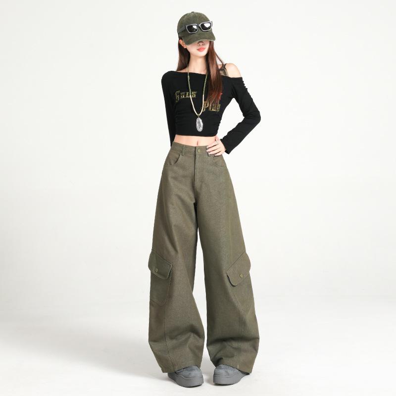 

Women s High Waist Wide Leg Cargo Pants - Autumn Retro Style 2XL