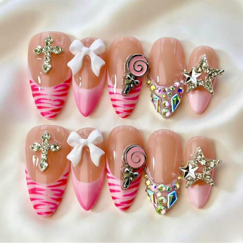 Handcrafted French Style Ice-Transparent Bow Nail Tips Women Men Teens Short Oval Almond Shape AW1035