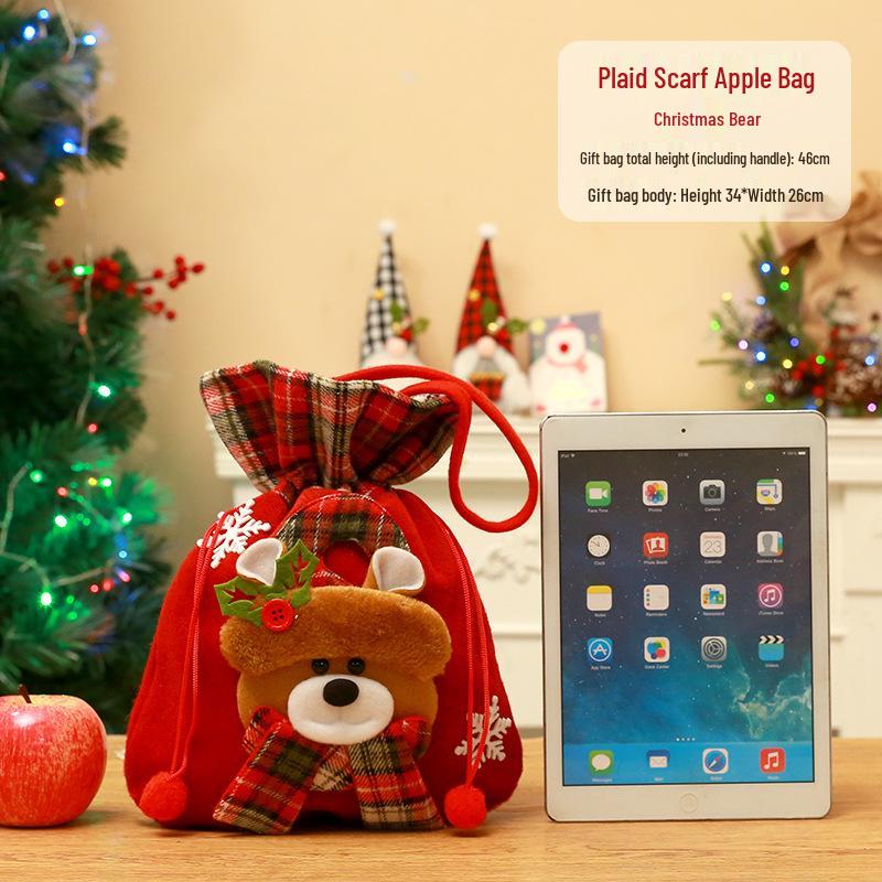 Cross-border Christmas Flannel Apple Drawstring Gift Bag with Bow - Cartoon Candy Bag for Kids
