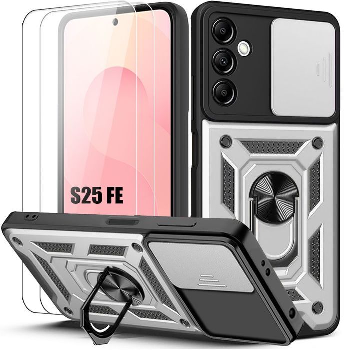 Coque de Protection - BOOLING - pour Samsung Galaxy S25 FE - Antichoc - Argenté - Anneau Arrière Rotatif - avec 2 Verres Trempés