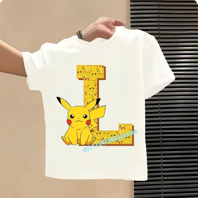 Short Sleeve Summer T-shirt Tops Cotton Tee for Pokemon Pikachu Anime A-Z Letters Printed Cute Clothing Children Casual Clothes