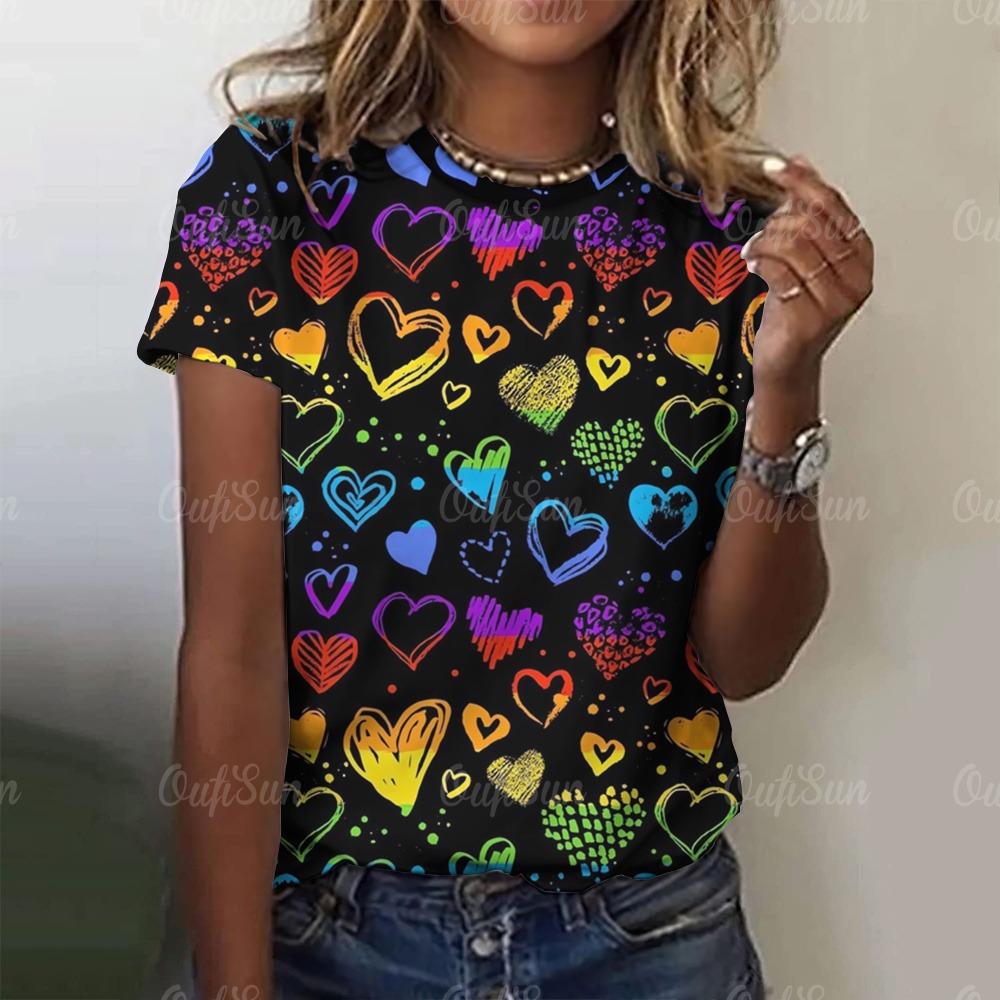 2024 women T-Shirt Short Sleeve O-neck pullover 3D colorful printed love graphic female clothing tops tees