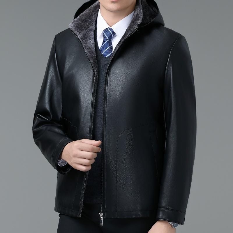 

Новая меховая кожаная куртка для мужчин, зимняя, новая, утепленная, для мужчин среднего возраста, деловая, повседневная, с капюшоном 195