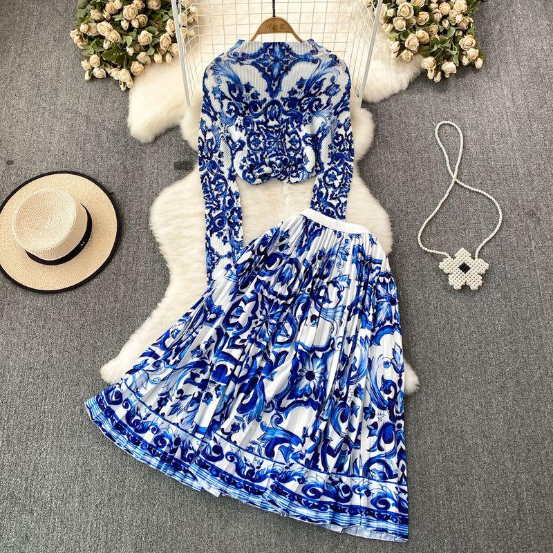 Sanzhai Ruched Celadon High Waist Skirt Fashion Suit