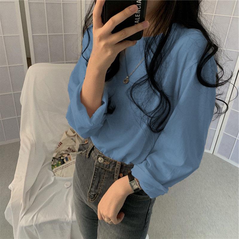 2023 Korean Style Women's Solid Color Long Sleeve T-shirt - Loose Fit, All-Match, for Spring & Autumn