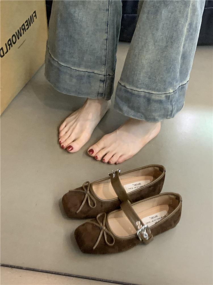 Women's Square Toe Shoes New Luxury Bow Flats Ladies Ballet Silver Belt Buckle Footwear Elegant Fashion Mary Jane Shoes