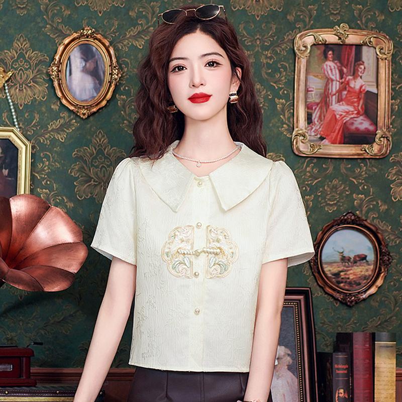 New Fashion Summer Short Sleeve Chinese Style Doll Collar Embroidery Chiffon Blouse Shirt Women Tops J392