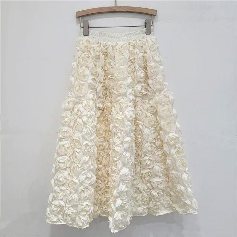 Elegant High-Waist 3D Rose Midi Skirt - Versatile and Fashionable Summer Style