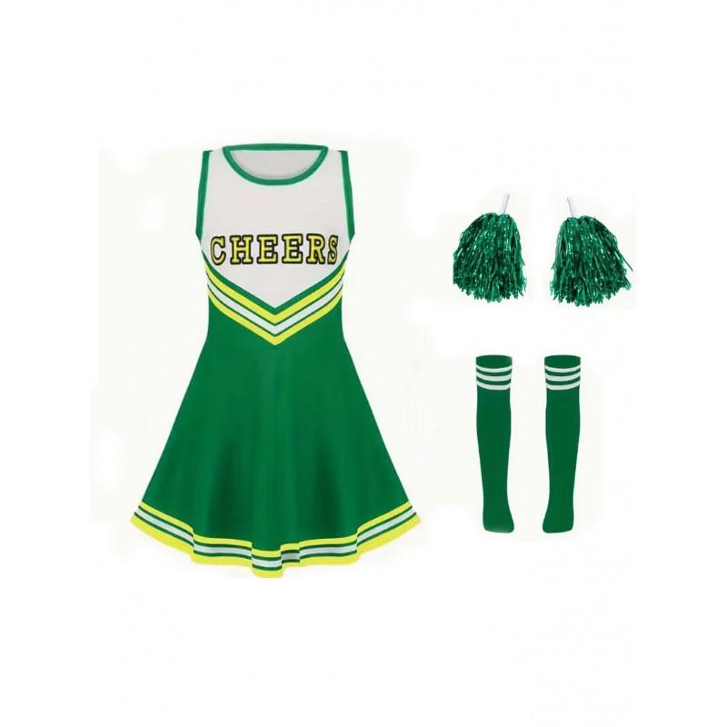 Kids Cheerleading Dress Set 5 Colors Pom Poms Socks Sports Performance Outfit