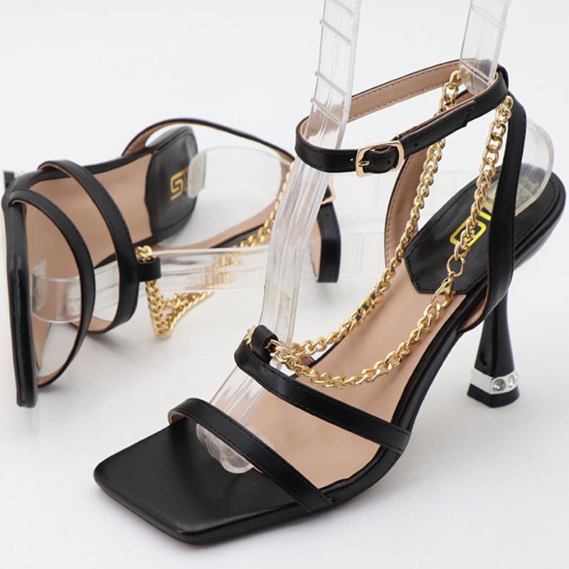 Fashion Luxury Rhinestone Thin Heel Buckle Women Sandals Metal Chain Ankle Strap Slide Sandals Comfort Open Toe Large Size Women Shoes