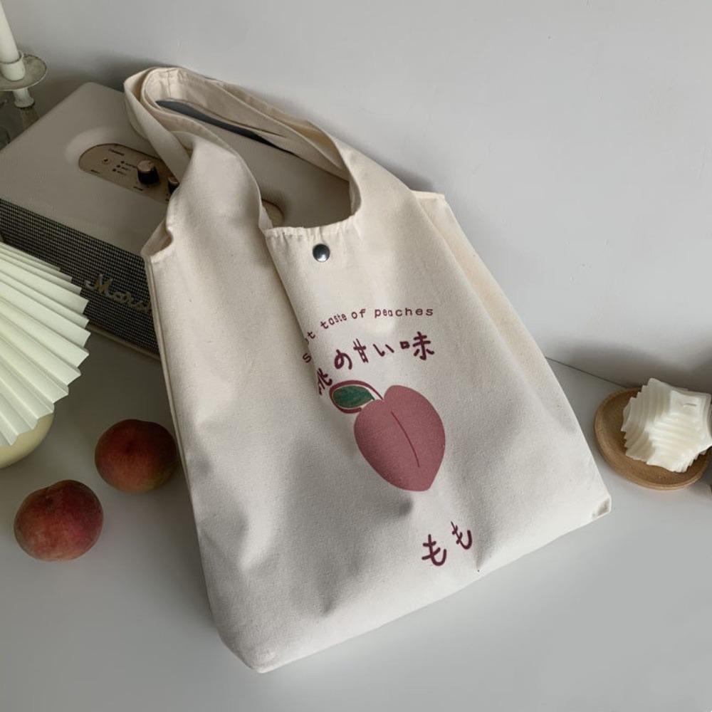 Cute Strawberry Tote Bag School Girls Casual Canvas Bag Shopper Designer Handbag Women Peach Print Eco Shoulder Bags