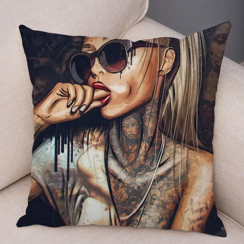 Bedroom Living Room Pillowcase Dark Gothic Tattoo Sexy Beautiful Girl Decorative Cushion Cover Sofa Car
