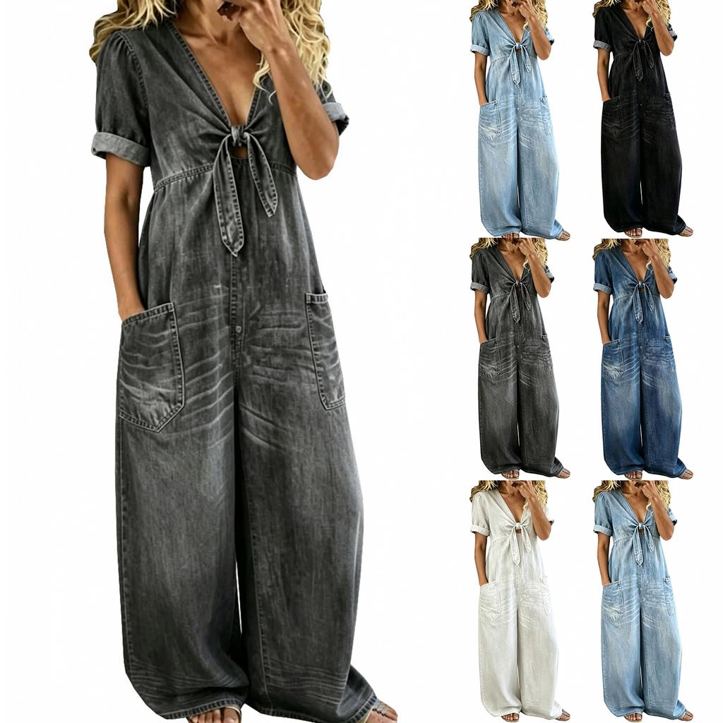 Women Casual Loose Fit Short Sleeve V Neck Washed Denim Pocket Jumpsuit Wide Leg Romper with Tie Front Detail