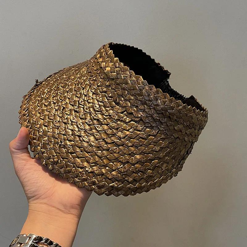 Empty Top Sun Visor Hat for Women Natural Straw Wide Brim Sun Cap Girl Sunshade Summer Versatile Beach Hat Derby Vacation Hat