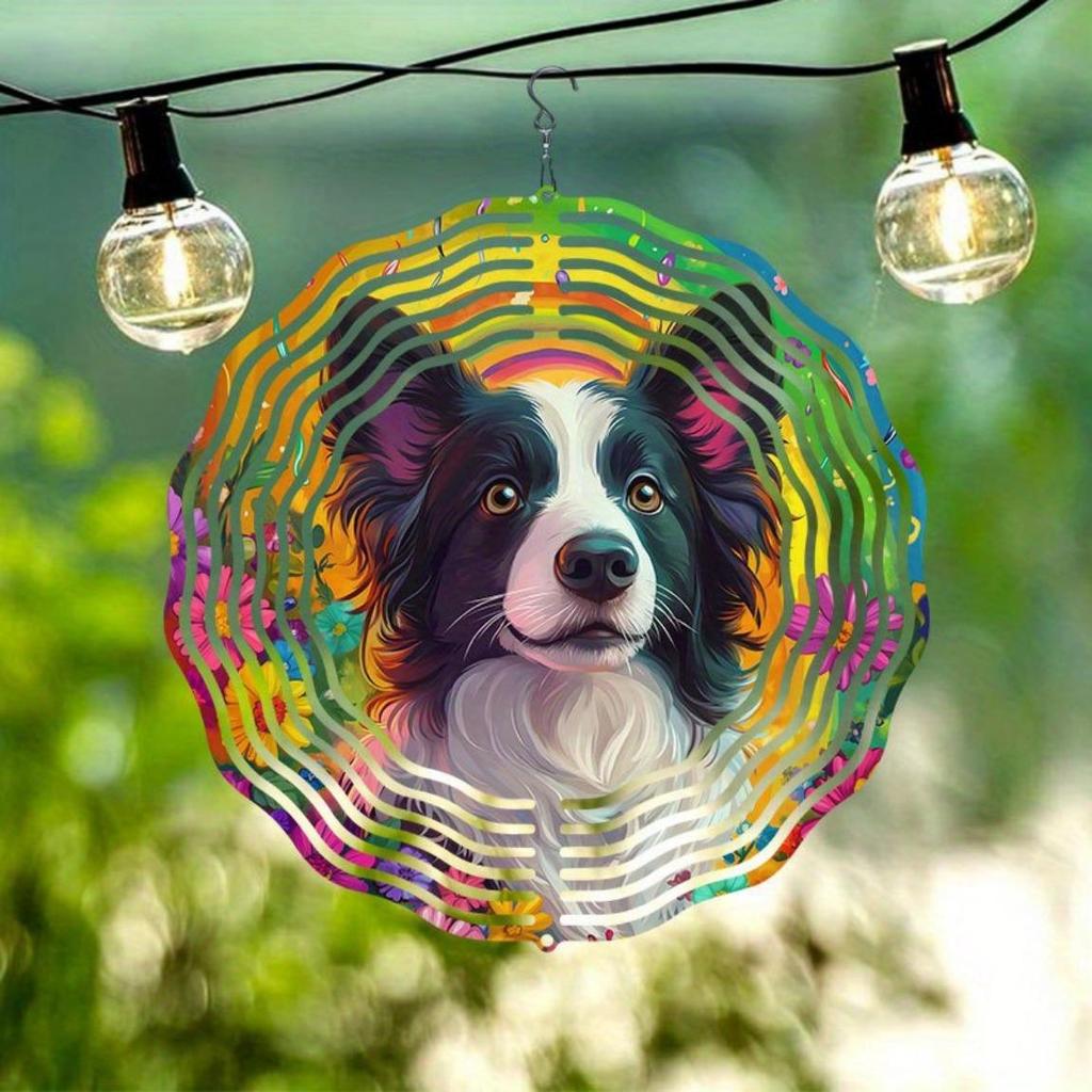 Rainbow Border Collie Dog Wind Spinner - 360° Rotating Metal Garden Art, Vibrant Circular Outdoor Decor for Patio