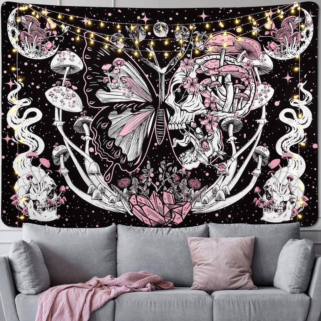 Invoibler Skull Tapestry Pink Mushroom Tapestries Aesthetic Butterfly Tapestry Large Moon Flowers Wall Decor Hippie Skeleton