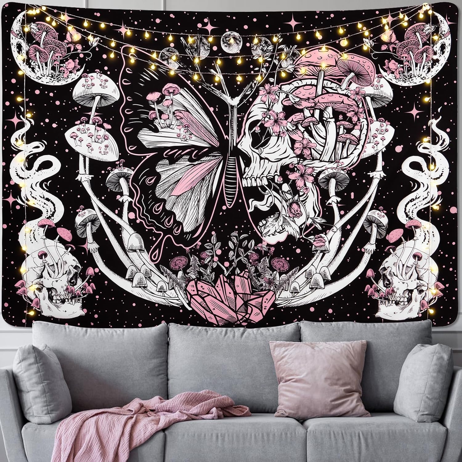 

Invoibler Skull Tapestry Pink Mushroom Tapestries Aesthetic Butterfly Tapestry Large Moon Flowers Wall Decor Hippie Skeleton 74x94cm(29x37in)