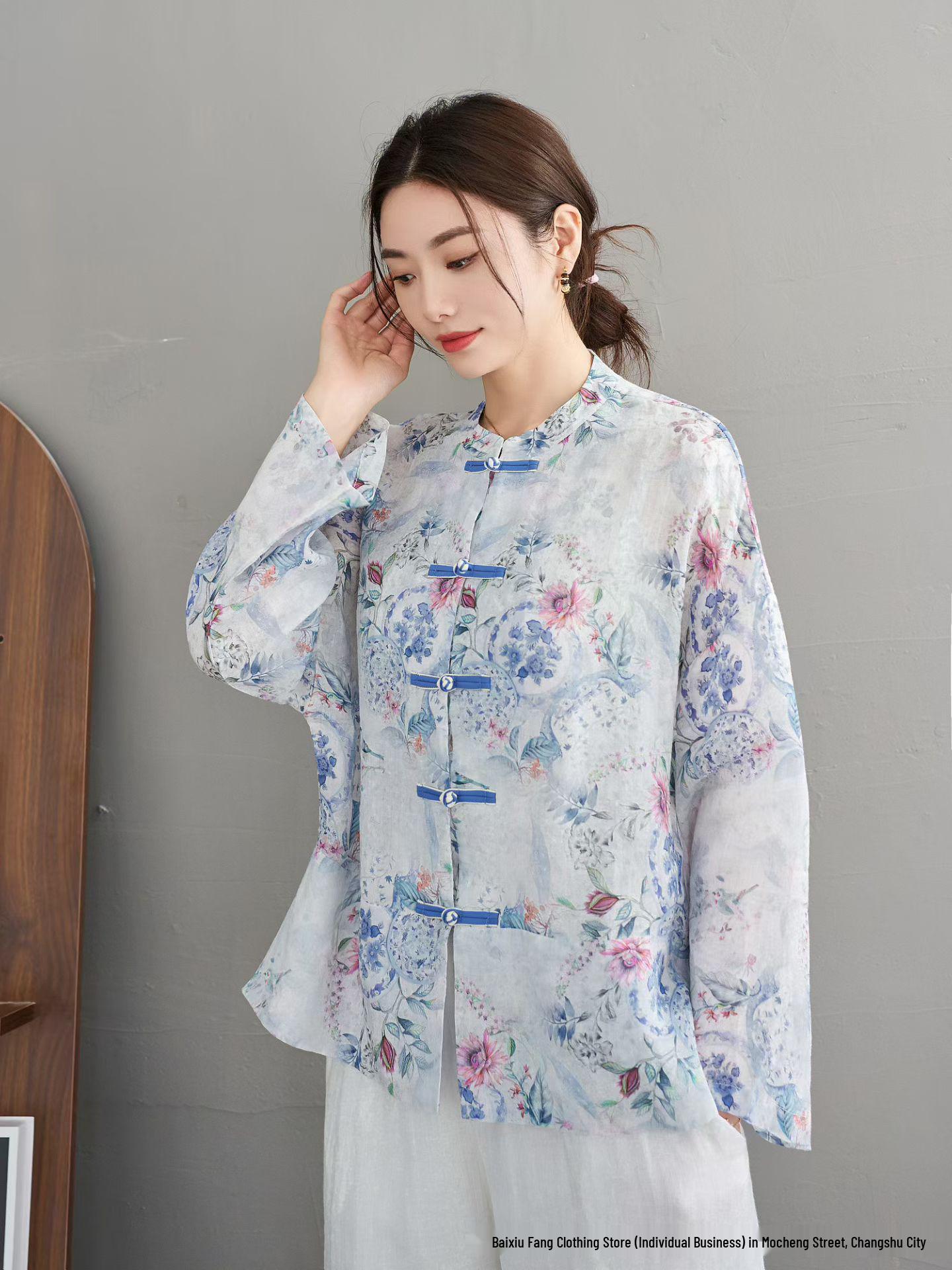 2026 Spring/Summer Women s Chinese Style Elegant Ramie Stand Collar Frog Button Lightweight Printed Long Sleeve Shirt One Size