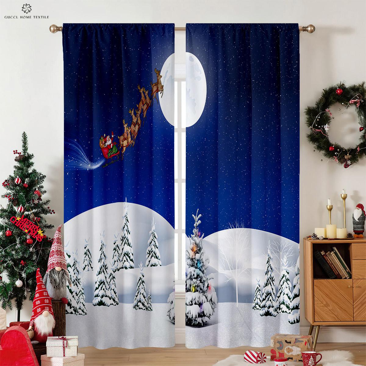 

Рождественские шторы Мультфильм Праздничная атмосфера Печатные шторы Спальня Гостиная Ресторан Праздничное украшение Шторы Подарок W50xH130(CM)x2PCS&Grommet Top