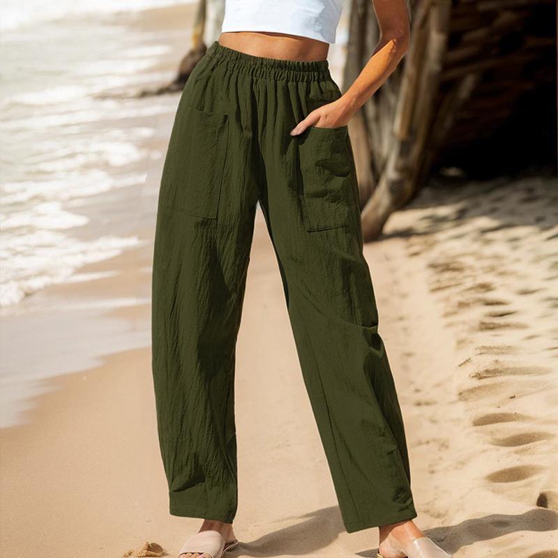 Women Autumn Winter Versatile Linen Blend Solid Color High-Waisted Pants with Pocket