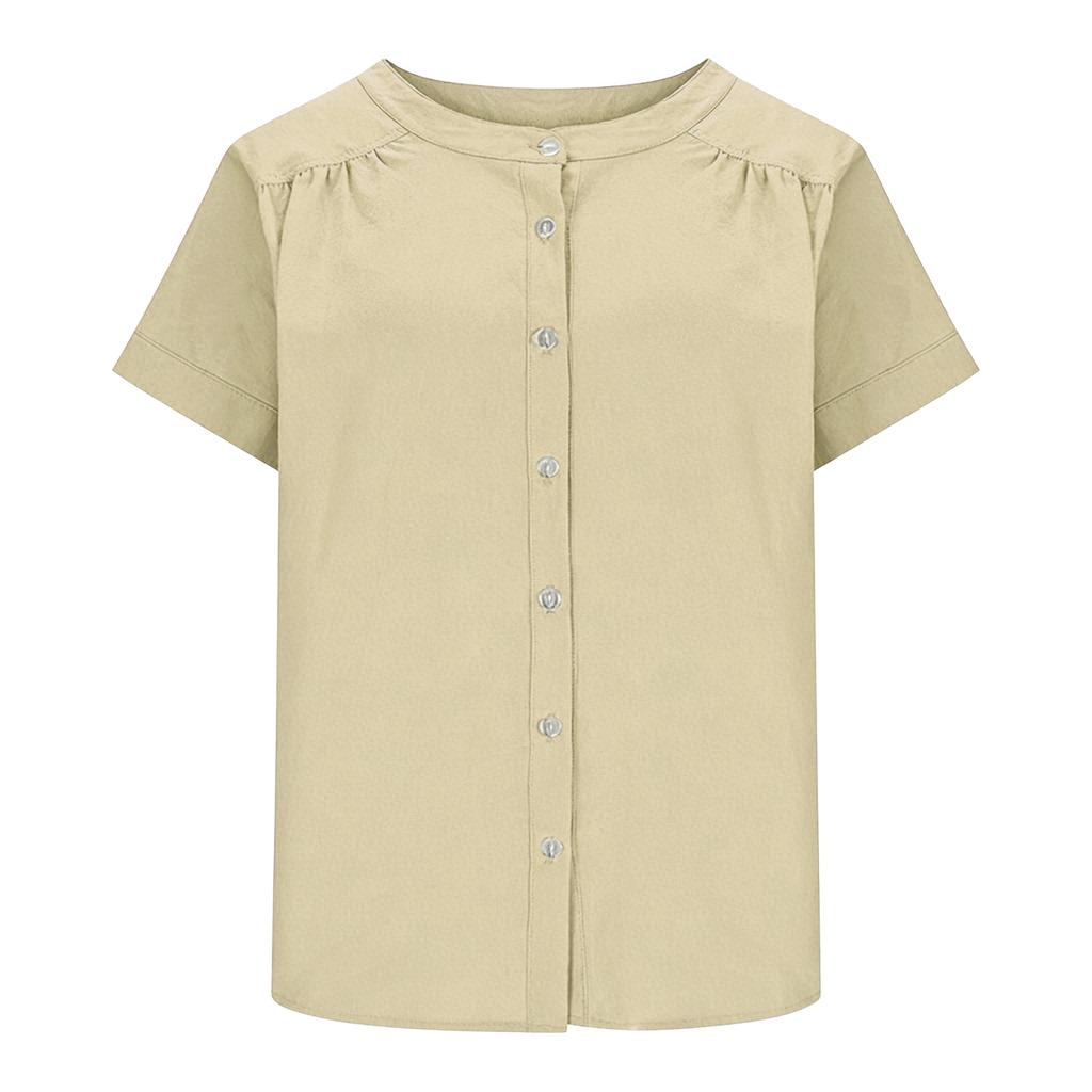 Womens Button Down Short Sleeve Blouse Loose Fit Casual Linen Shirt Crew Neck Lightweight Summer Top
