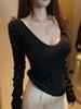Elegant Black V-neck Rhinestone Knit Sweater for Women - Autumn/Winter Slimming & Flattering Layered Top