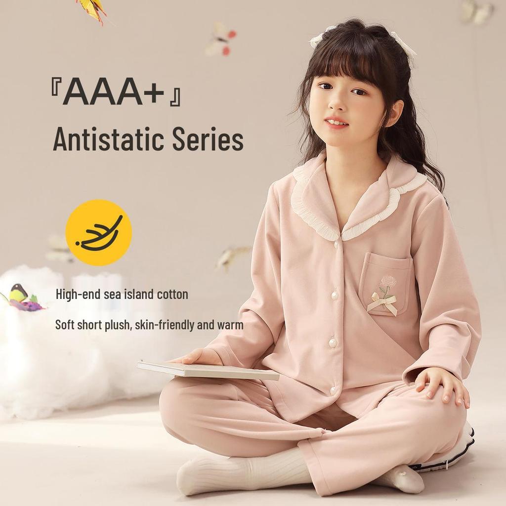 Autumn Winter Rose Embroidered Fleece Pajamas for Girls - Anti-Static, Warm Homewear for Kids