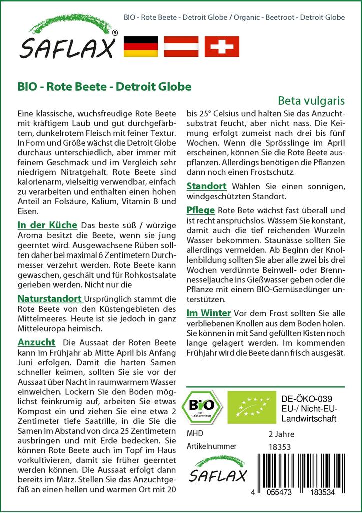 SAFLAX Garden In the Bag - Organic - Beetroot - Detroit Globe - 100 Seeds - With Substrate In a Fitting Stand Up Bag - Beta Vulgaris